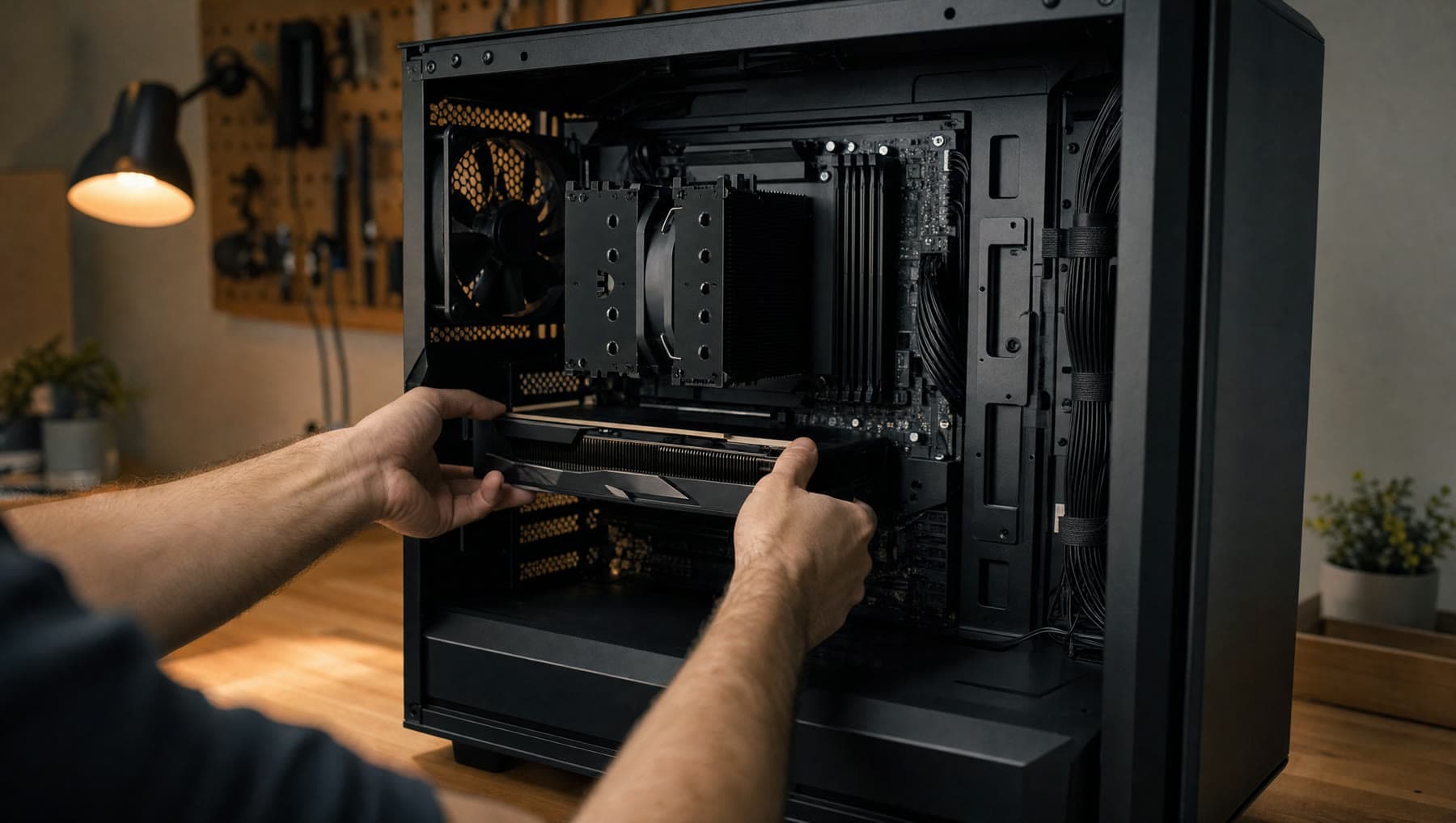 A custom desktop mid-build on a workbench, cables combed neatly along the back panel.