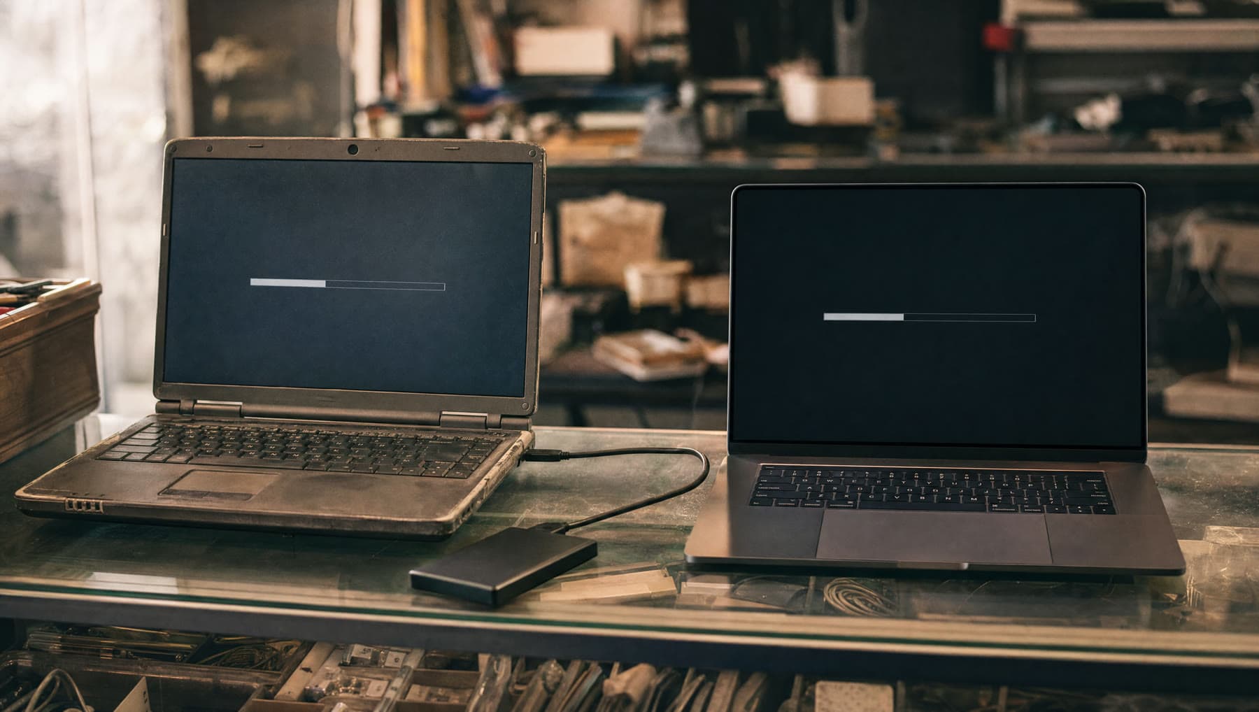 An old laptop and a new laptop open side by side on a shop counter, connected by a single cable.