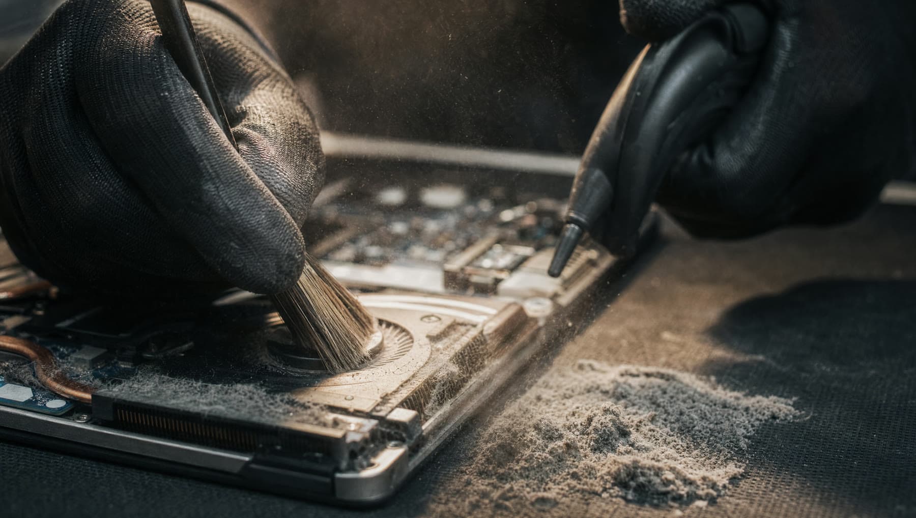 A brush and compressed air clearing thick dust from a laptop cooling fan and heatsink.