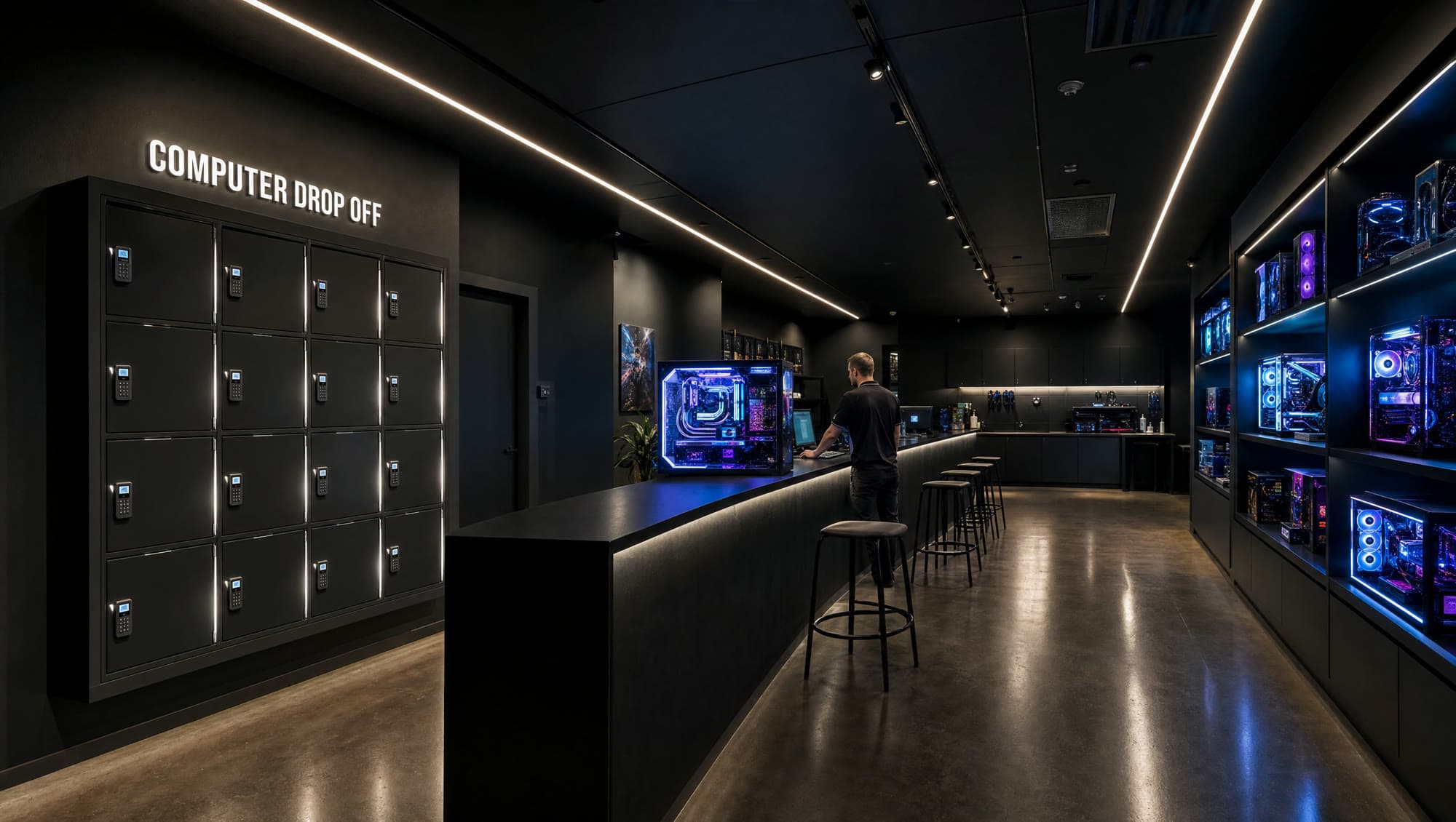 Inside Crash Pad Computers: the black service counter, the self-service drop-off lockers, and custom machines running on display.